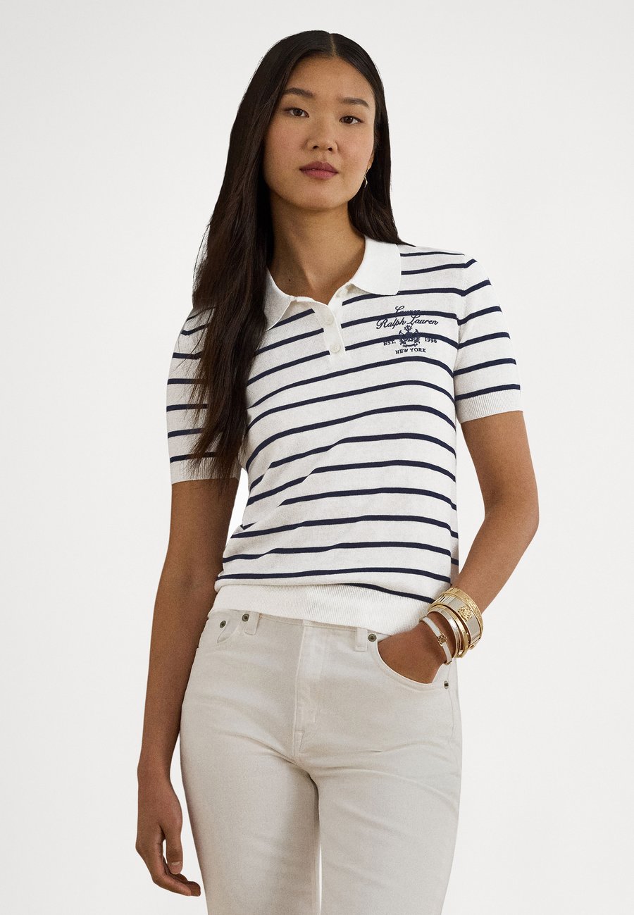 

Поло Lauren Ralph Lauren Petite STRIPED COTTON-BLEND POLO SWEATER, White/Refined Navy/White