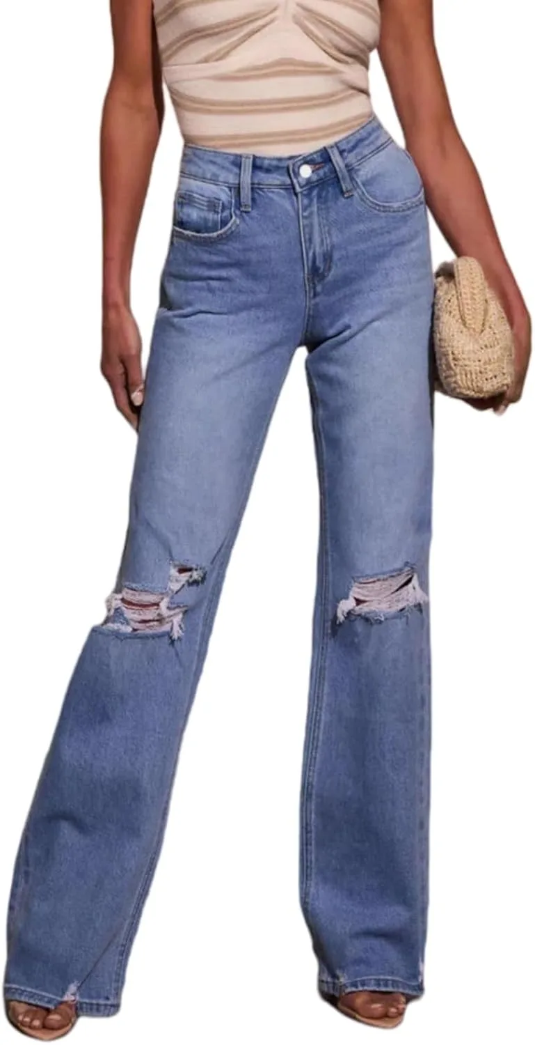 

Semshedy женские джинсы прямые рваные джинсы Mid Waisted Tummy Control Raw Hem