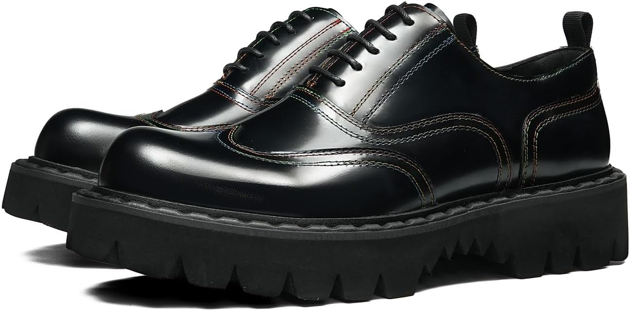 

Мужские туфли Santimon с объемной подошвой, оксфорды с яркой строчкой - модные блестящие туфли из натуральной кожи на шнуровке с платформой, дерби для делового повседневного ношения и свадьбы, черный