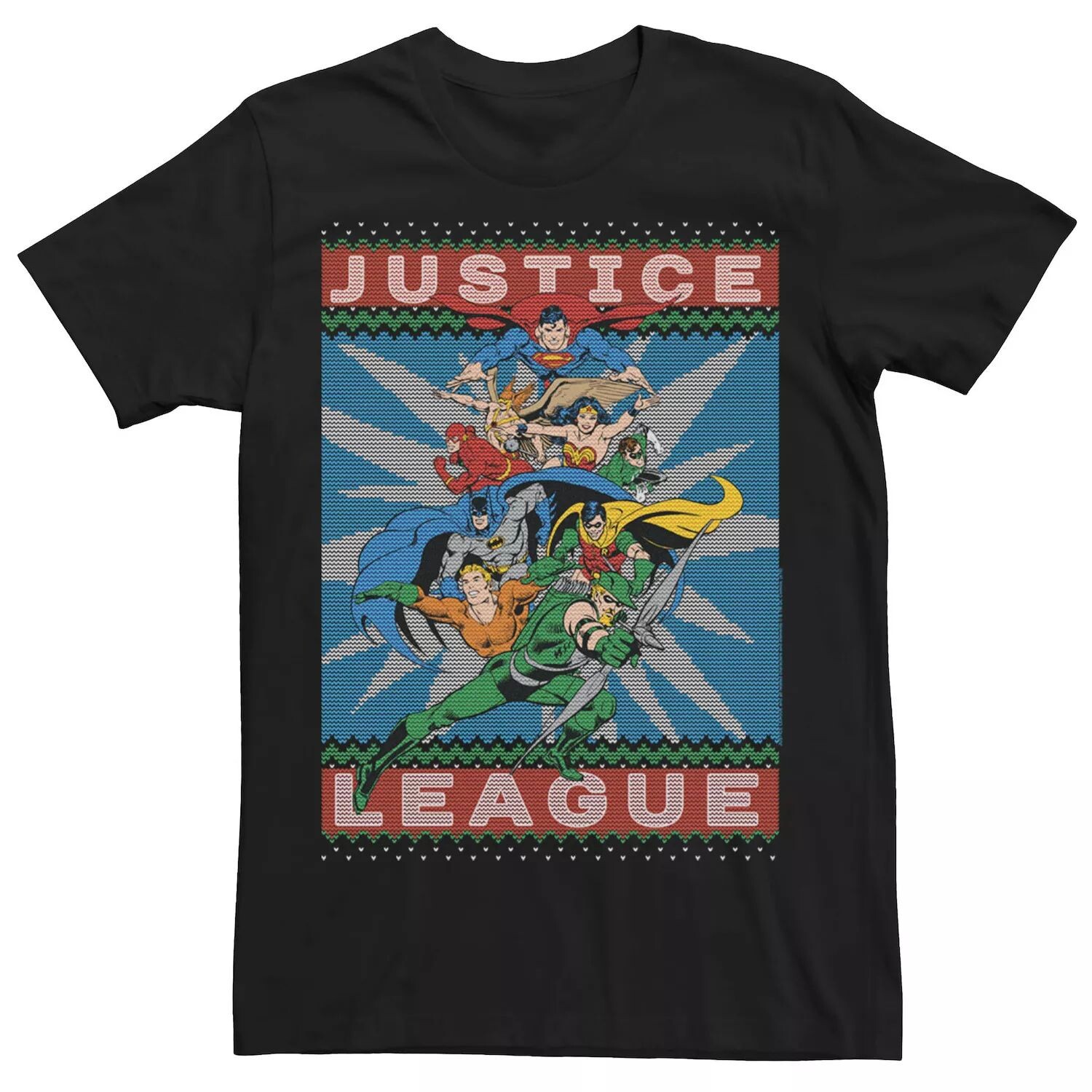 

Мужская футболка в стиле DC Comics «Лига справедливости» в позе действия в рождественском свитере Licensed Character