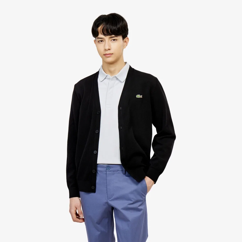 Мужской пикейный кардиган с V-образным вырезом чёрный от Lacoste