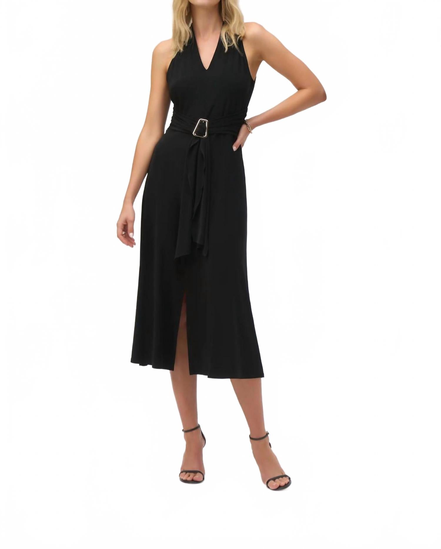 

Черное платье с V-образным вырезом и поясом, силуэт "приталенное-клеш" Joseph Ribkoff