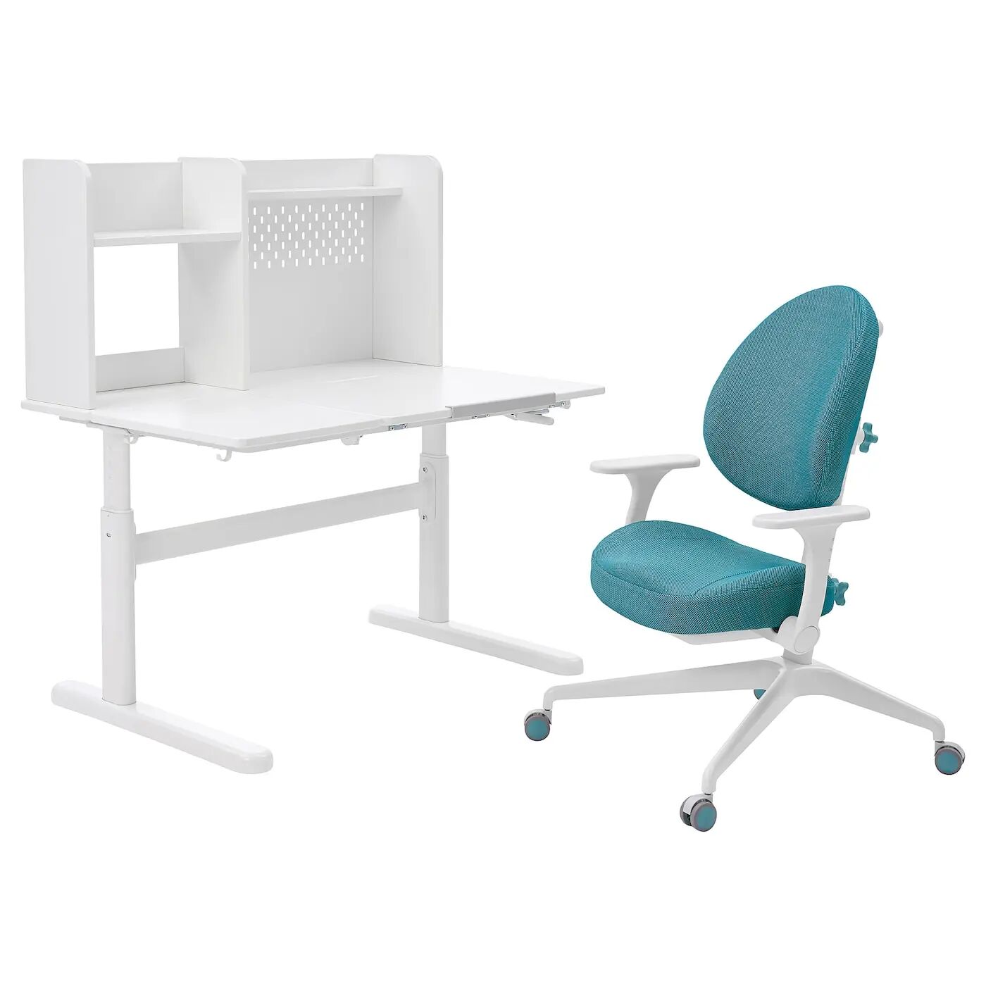 Детский стол+стул с подлокотниками BERGLÄRKA/GUNRIK IKEA, 100x70 см, белый/бирюзовый