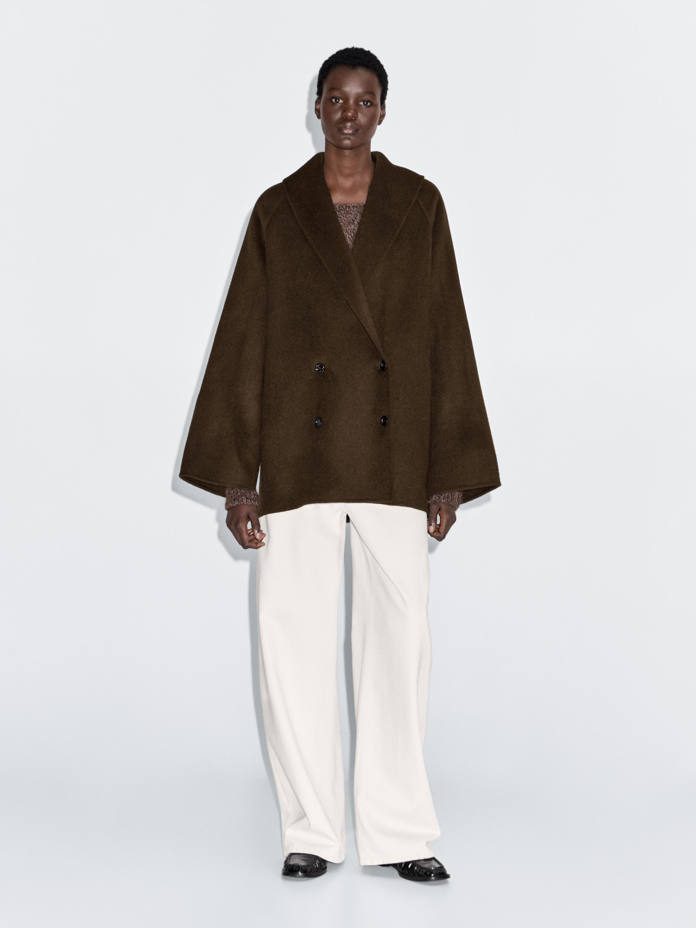 

Двубортное пальто из смесовой шерсти с воротником в стиле смокинга Massimo Dutti, серо-зеленый