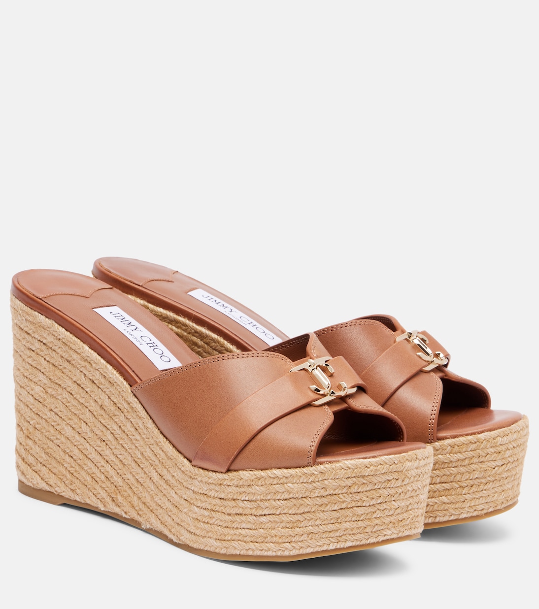 Леди 100 кожаные сандалии на платформе с клином Jimmy Choo, Tan/Gold