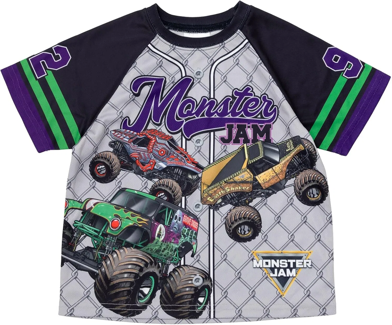 Комплект одежды Monster Jam: спортивная сетчатая бейсбольная футболка и шорты для малышей и детей постарше. Включает в себя: могильщика, мегалодона и дигатрона, Gray/Black/Purple — фото 2