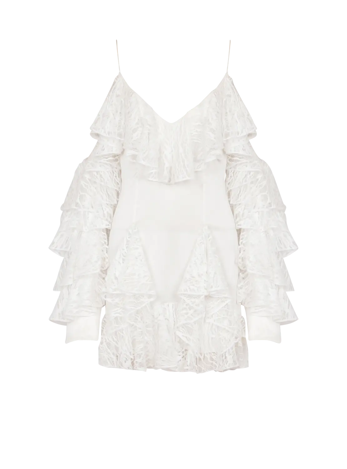 

Легкое платье с кружевными рюшами Balmain, белый