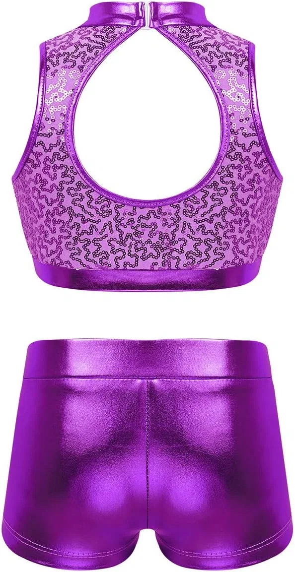 Детский спортивный комплект с пайетками vastwit, топ и шорты, Mock Neck Purple — фото 2
