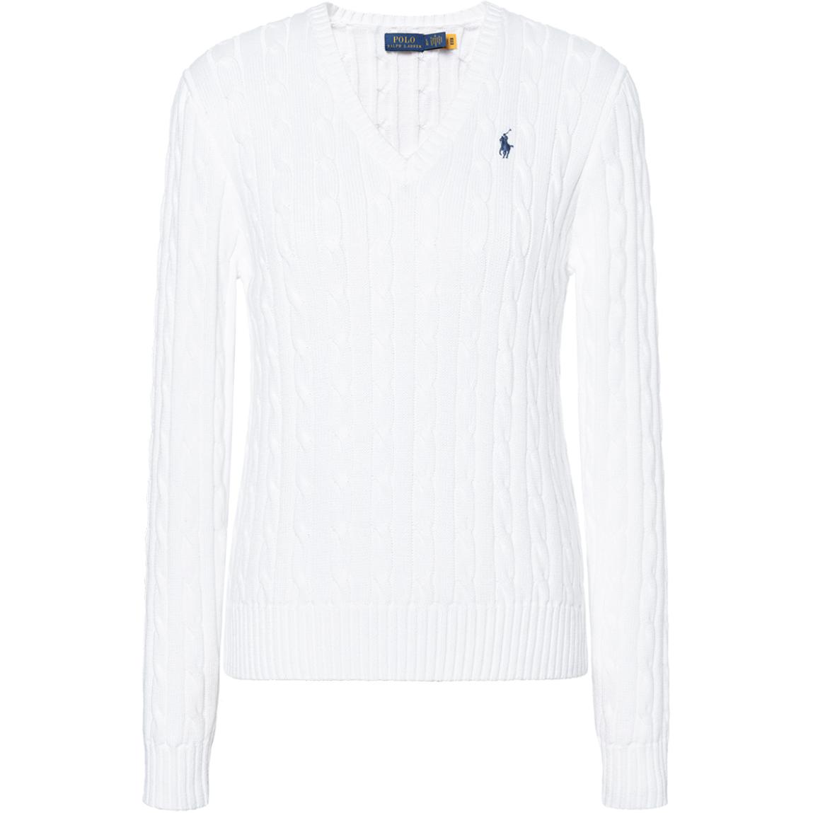 Вязаный кабельным узором хлопковый свитер с V-образным вырезом Women's Polo Ralph Lauren, белый — фото 3