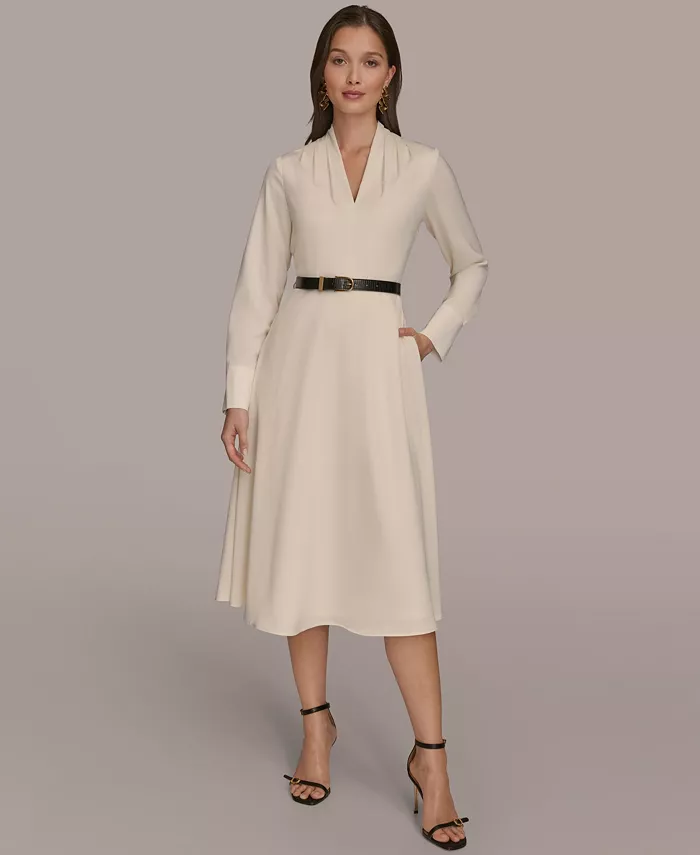

Женское атласное платье миди А-силуэта с V-образным вырезом и поясом Donna Karan New York, белый