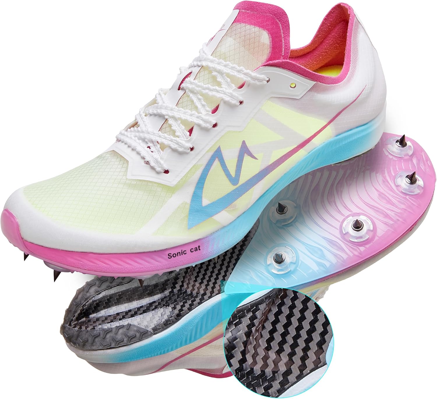 

Беговые шиповки Sonic Cat для мужчин, женщин и детей, мальчиков и девочек, кроссовки для треков и прыжков, профессиональные беговые с полной углеродной подошвой, белый