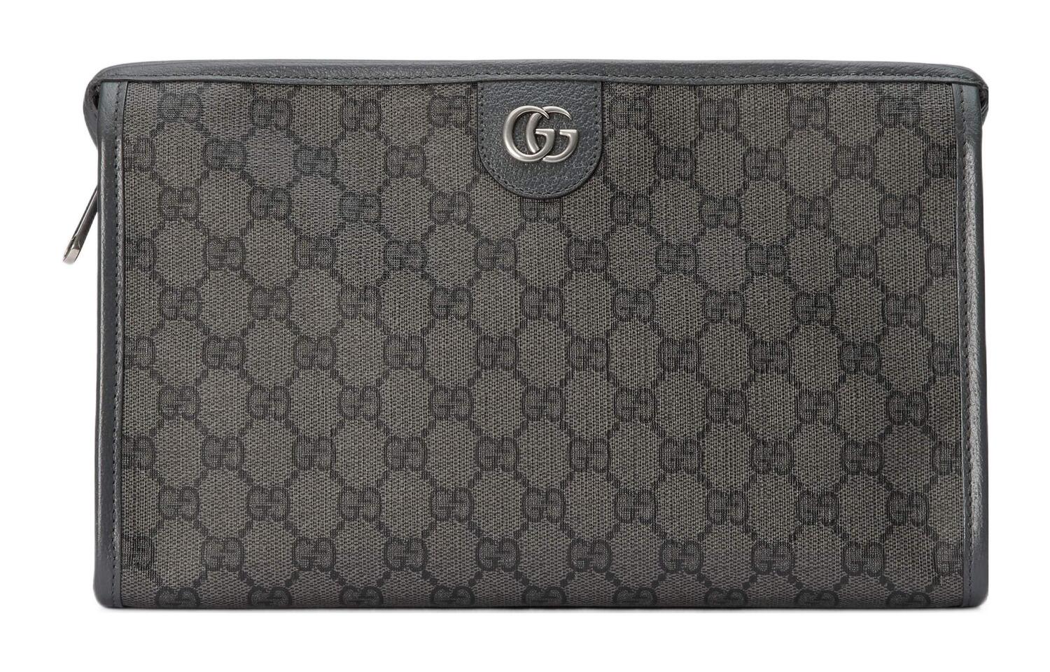 

Gucci Мужская косметичка-клатч Ophidia из канваса с кожаной отделкой, серо-черная