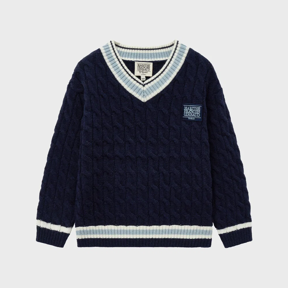 Детский вязаный свитер Enfant V-Neck Cable Knit тёмно-синий от Marithé Kids — фото 2