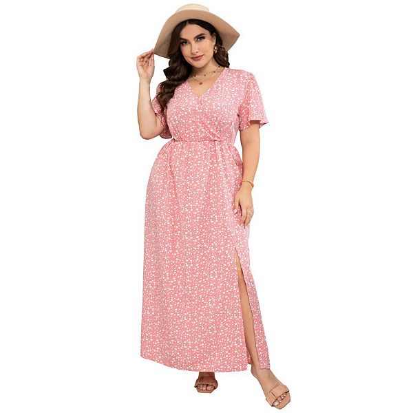 

Платье-макси Oversized для женщин с формами с цветочным принтом, V-образным вырезом и разрезом Yesfashion, Pink Flower