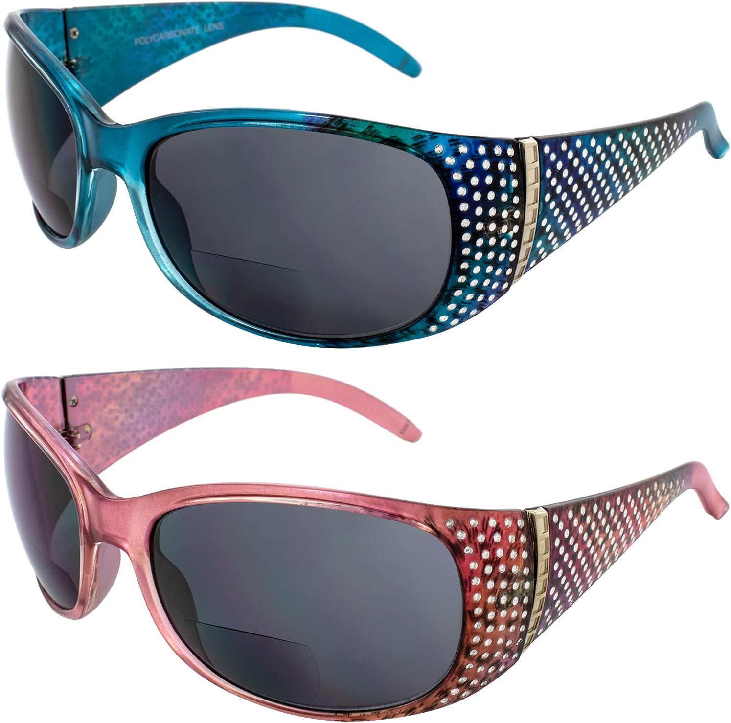 

Комплект из 2 женских модных мотоциклетных солнцезащитных очков Global Vision Galaxy с бифокальными линзами, хромированными стразами, сине-розовой оправой и линзами Mag 3.0 Smoke, Smoke