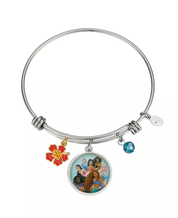 

Браслет с незамысловатым коралловым и оранжевым эмалевым цветком, синими хрустальными бусинами и разноцветной фигуркой русалочки Disney, two-tone