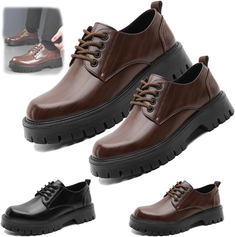 

Мужские винтажные кожаные туфли с шнуровкой на платформе, мужские туфли-оксфорды на толстой подошве, нескользящие, водонепроницаемые, для делового и официального стиля Generic, коричневый