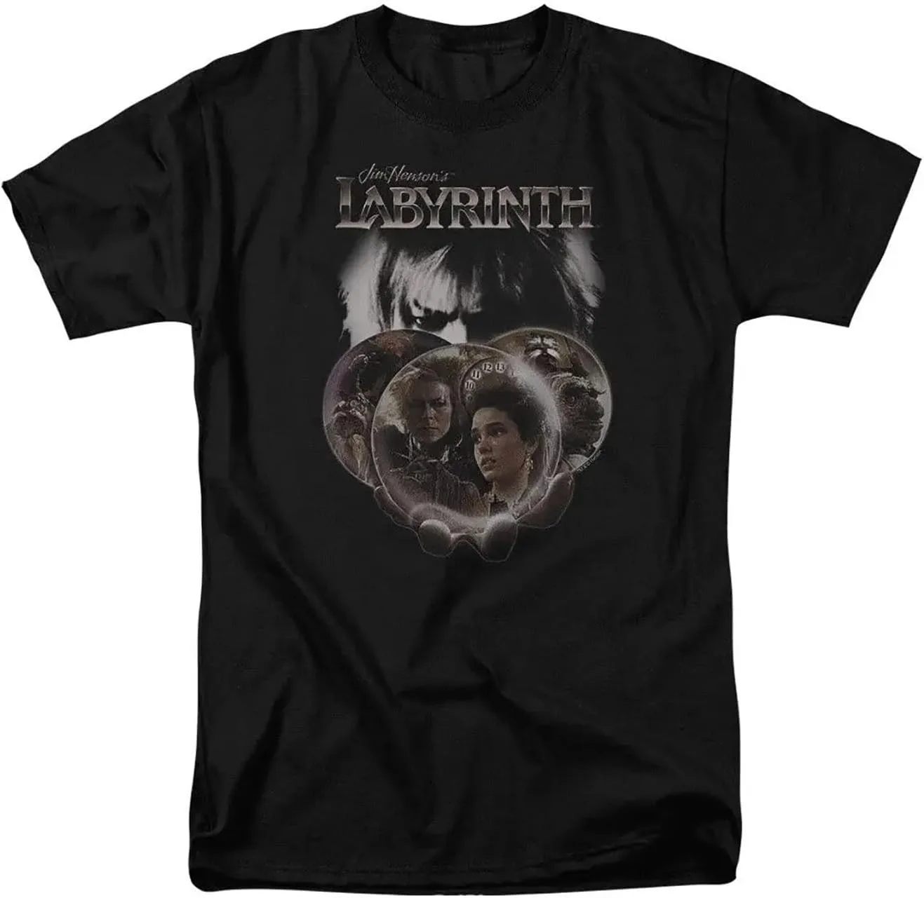 

Футболка Labyrinth для мужчин — официальный принт с Goblin King и Sarah Globes, черная хлопковая NEKO MENA