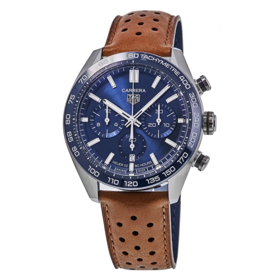 

Мужские часы Tag Heuer Carrera Chronograph Automatic с синим циферблатом и кожаным ремешком