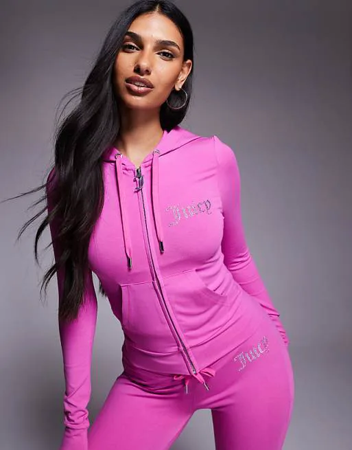 

Ярко-розовая велюровая толстовка с логотипом Juicy Couture на молнии и стразами, Розовый, Ярко-розовая велюровая толстовка с логотипом Juicy Couture на молнии и стразами