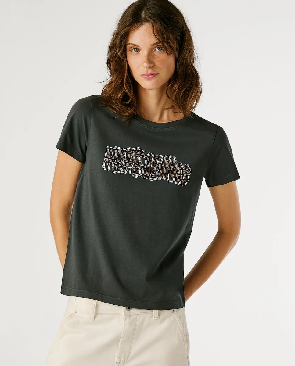 

Женская футболка с коротким рукавом и логотипом из страз Pepe Jeans, темно-серый