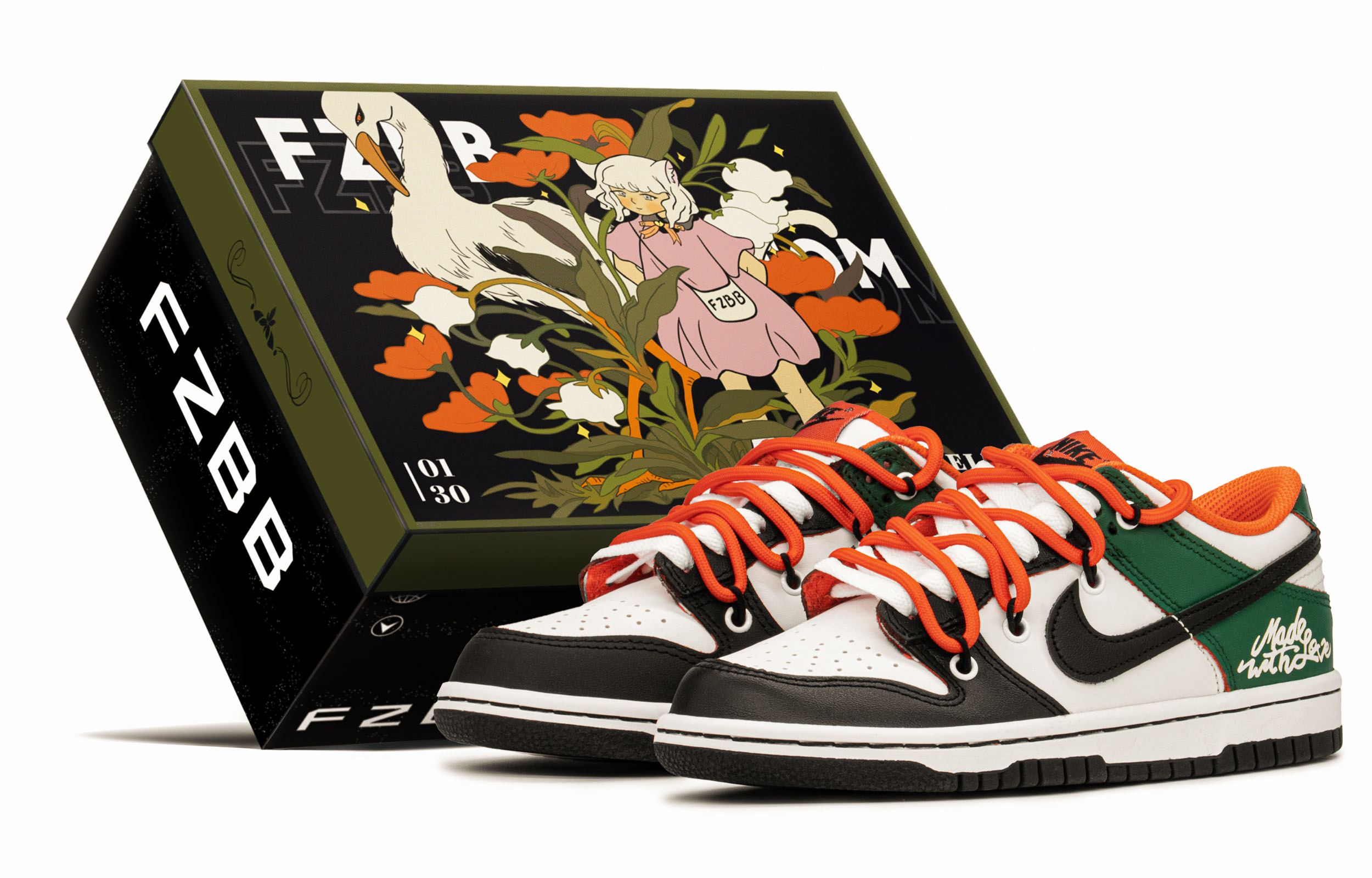 

Кроссовки Nike Dunk Skateboard Shoes Women's Low-Top Green/Orange/Black/White