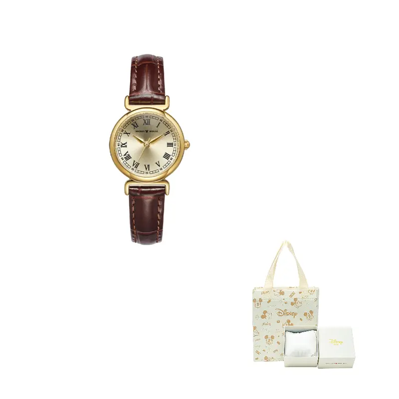 

Disney Часы Quiet Luxury Small Brown Watch Collection Quartz Movement Genuine Leather Strap Watch Women's Watch Gold Dial