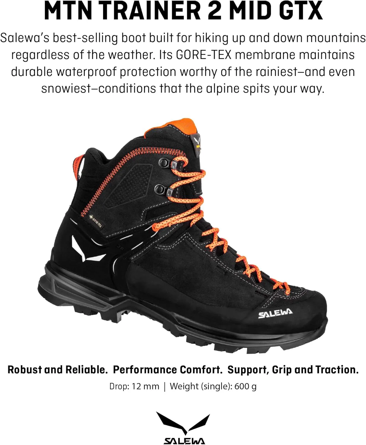 Мужские походные ботинки Salewa Mountain Trainer 2 Mid с водонепроницаемой мембраной Gore-Tex GTX, черный — фото 3
