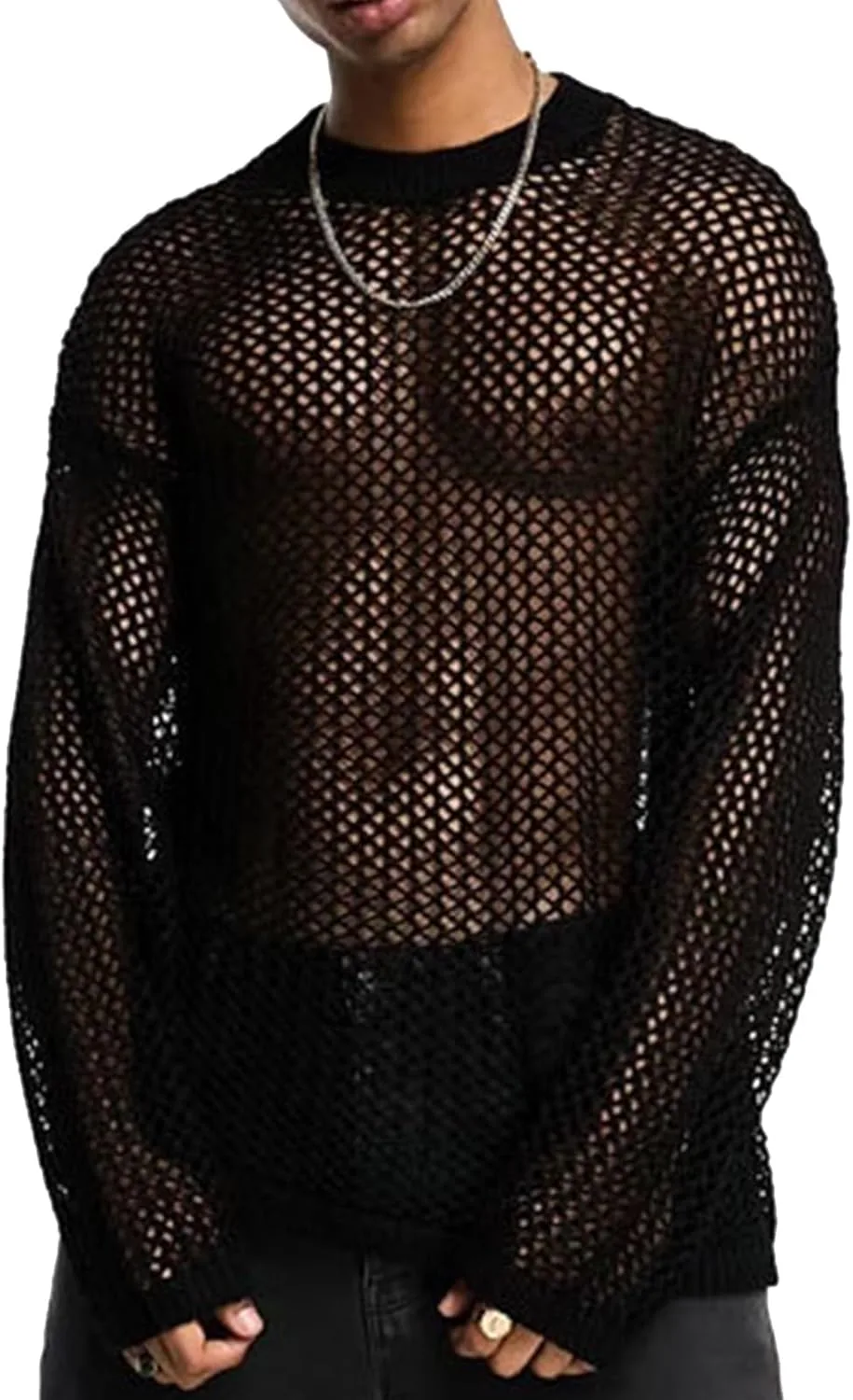 

Мужской свитер с ажурной вязкой и свободным кроем NEWTRASI