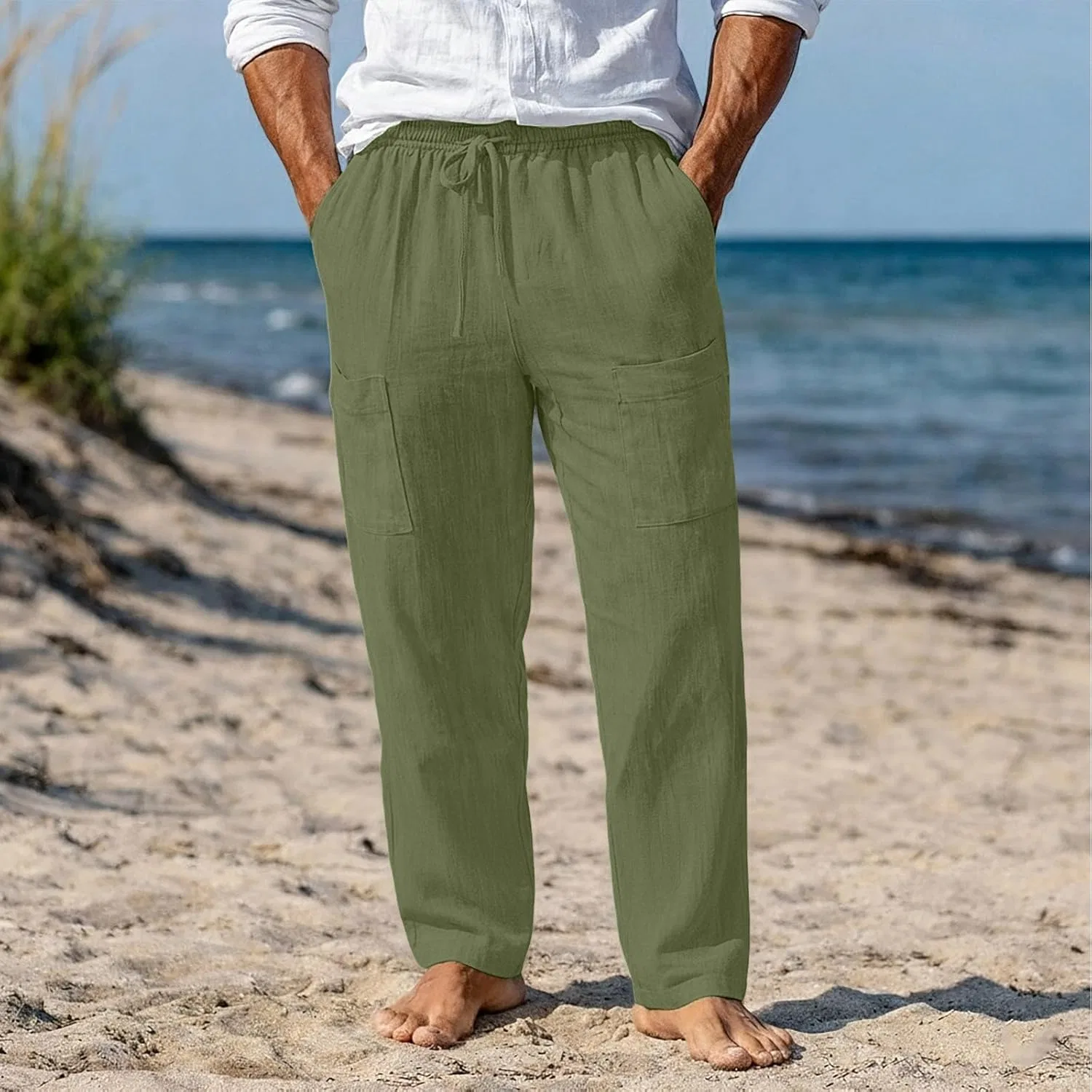 Брюки мужские из льна с эластичным поясом, Army Green — фото 2