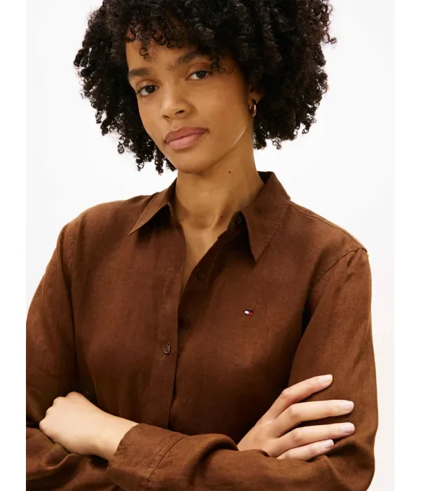 Льняная рубашка relaxed fit Tommy Hilfiger, коричневый — фото 4