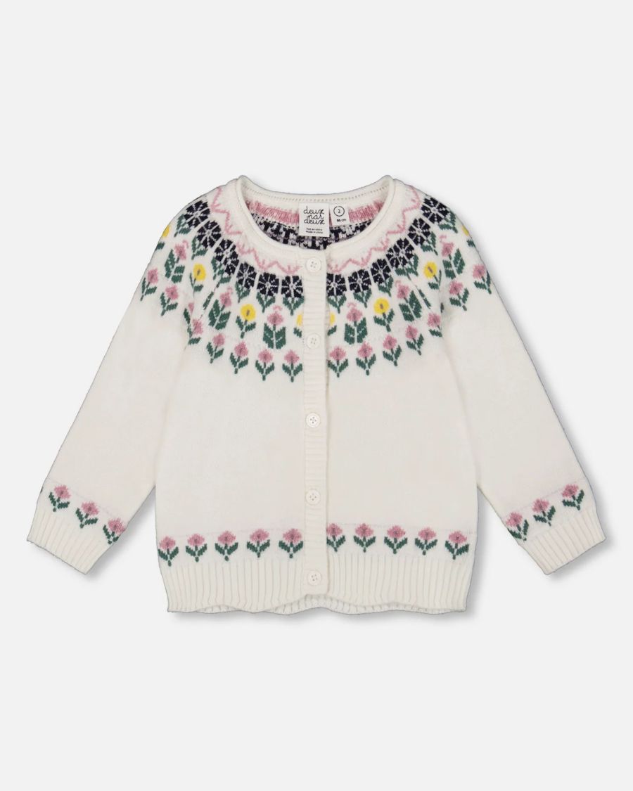 

Детский жаккардовый вязаный кардиган для девочки, кремового цвета с цветочным узором Deux par Deux, Off-white