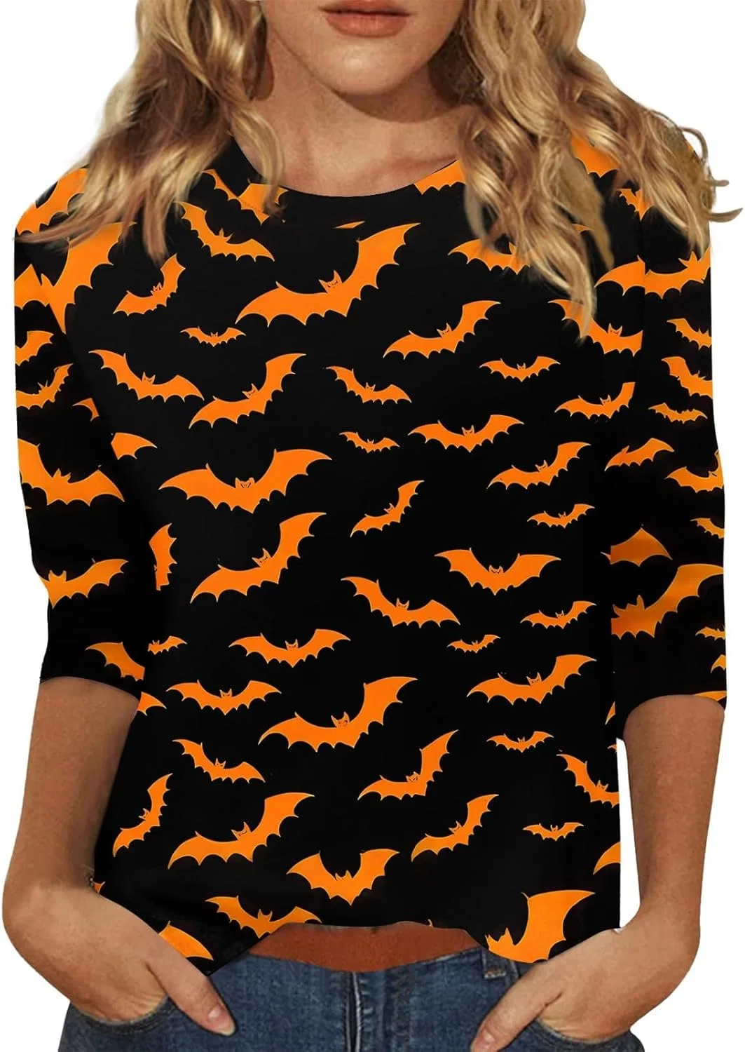 Блуза женская с принтом, Halloween, 3/4 рукав, свободный крой, черный
