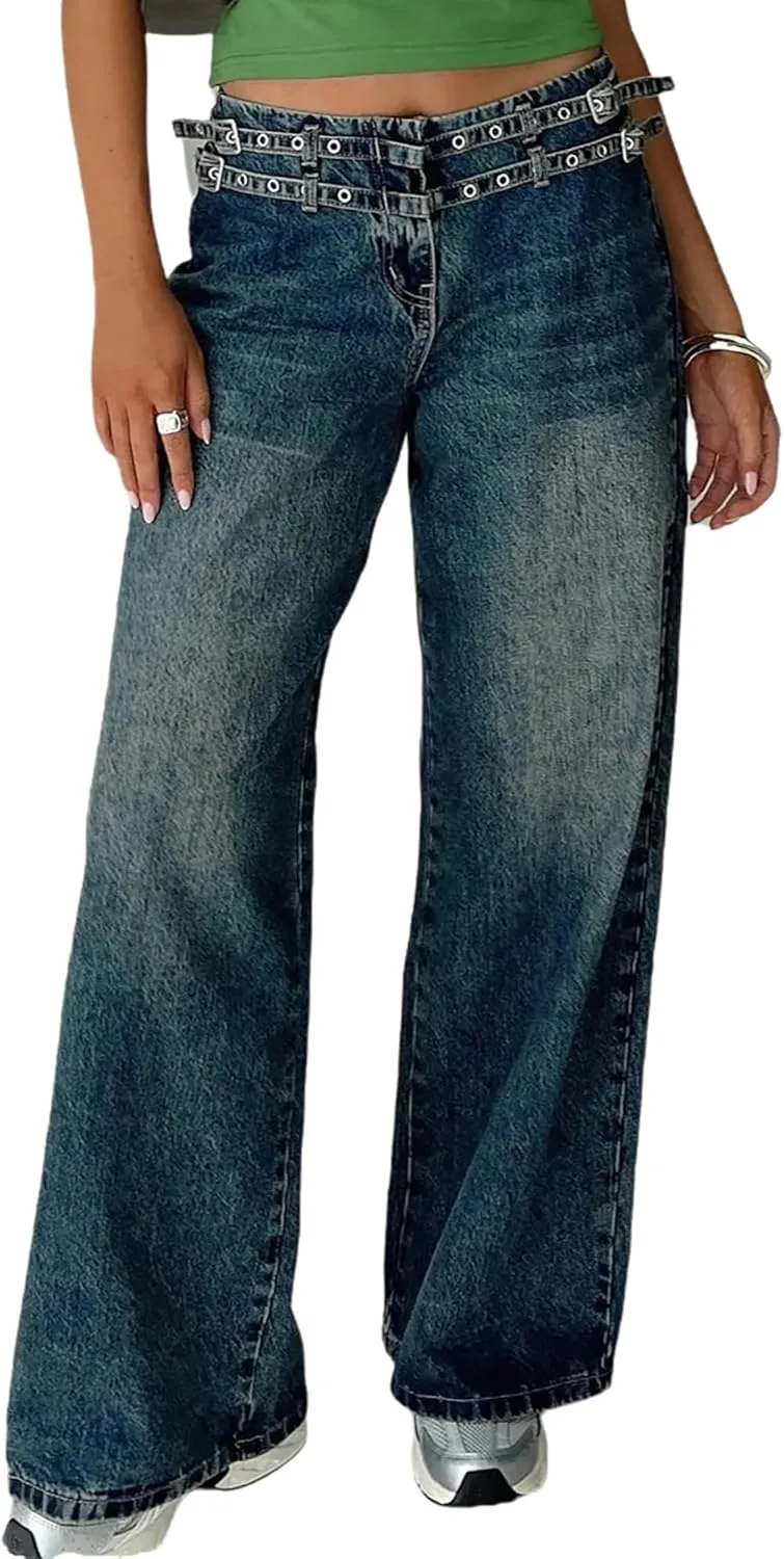 

Женские джинсы baggy wide leg 2025 с регулируемой посадкой low rise QLAUYIOE