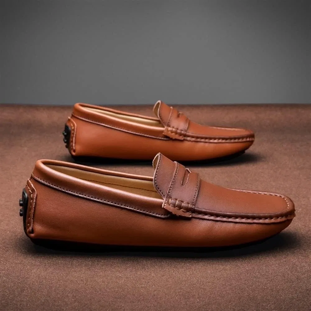 Лоферы кожаные мужские классические на плоском каблуке, Brown — фото 4