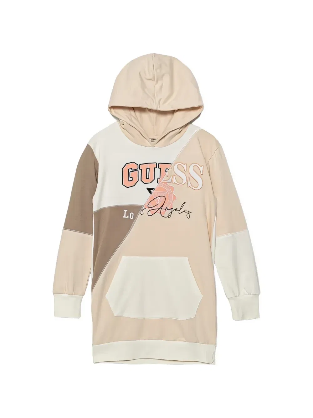Худи-платье в стиле пэчворк с логотипом GUESS Kids, бежевый