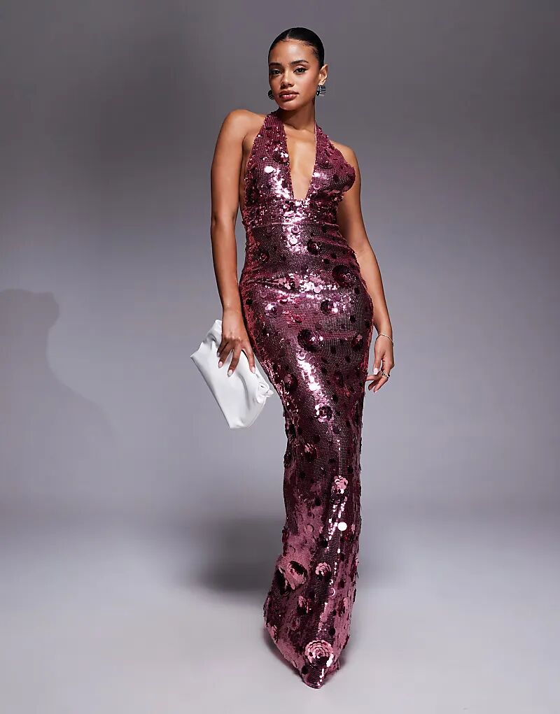 

Платье макси с цветочным принтом и пайетками Oh Polly розового цвета