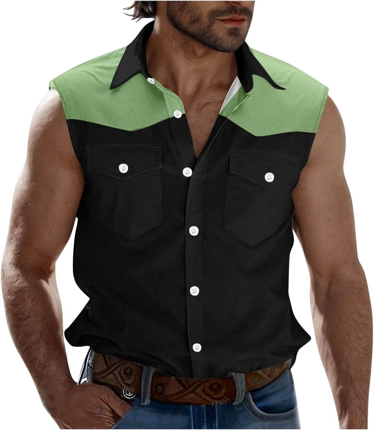 

Футболка без рукавов для мужчин Button Down Color Block с карманами Sdeycui