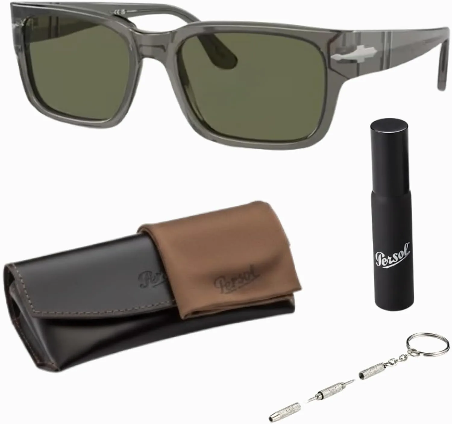 

Солнцезащитные очки Persol PO3315S прямоугольной формы в комплекте с фирменным набором для очков, Transparent Taupe Gray Frame | Polarized Ized Green Lens