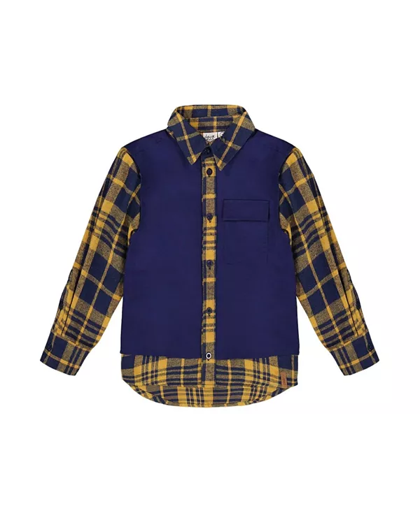 

Детская клетчатая фланелевая рубашка с длинными рукавами и однотонным жилетом. Deux Par Deux, синий