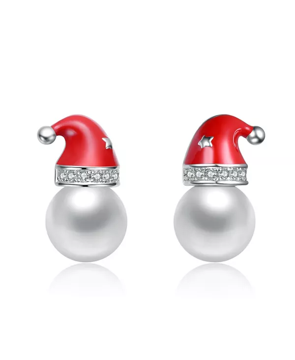 

Серьги-Гвоздики в виде шапки Санты из белого золота с белым жемчугом и прозрачными кубическими цирконами Rachel Glauber, red