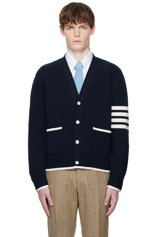 

Кардиган с V-образным вырезом и узором Milano из мериносовой шерсти, 4 планки Thom Browne, синий