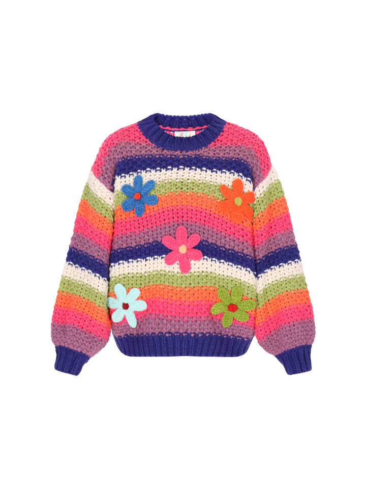 

Женский свитер синего цвета с разноцветными вставками IZIA