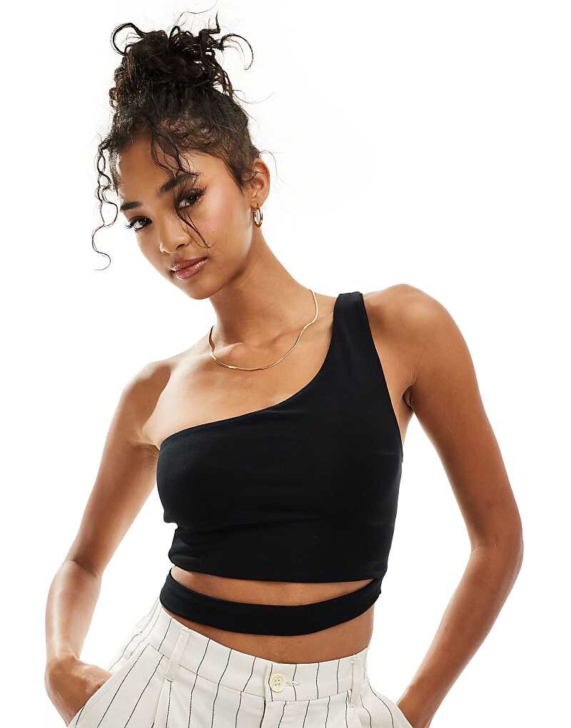 

Черный двухслойный облегающий топ с одной бретелькой и вырезом на талии ASOS DESIGN