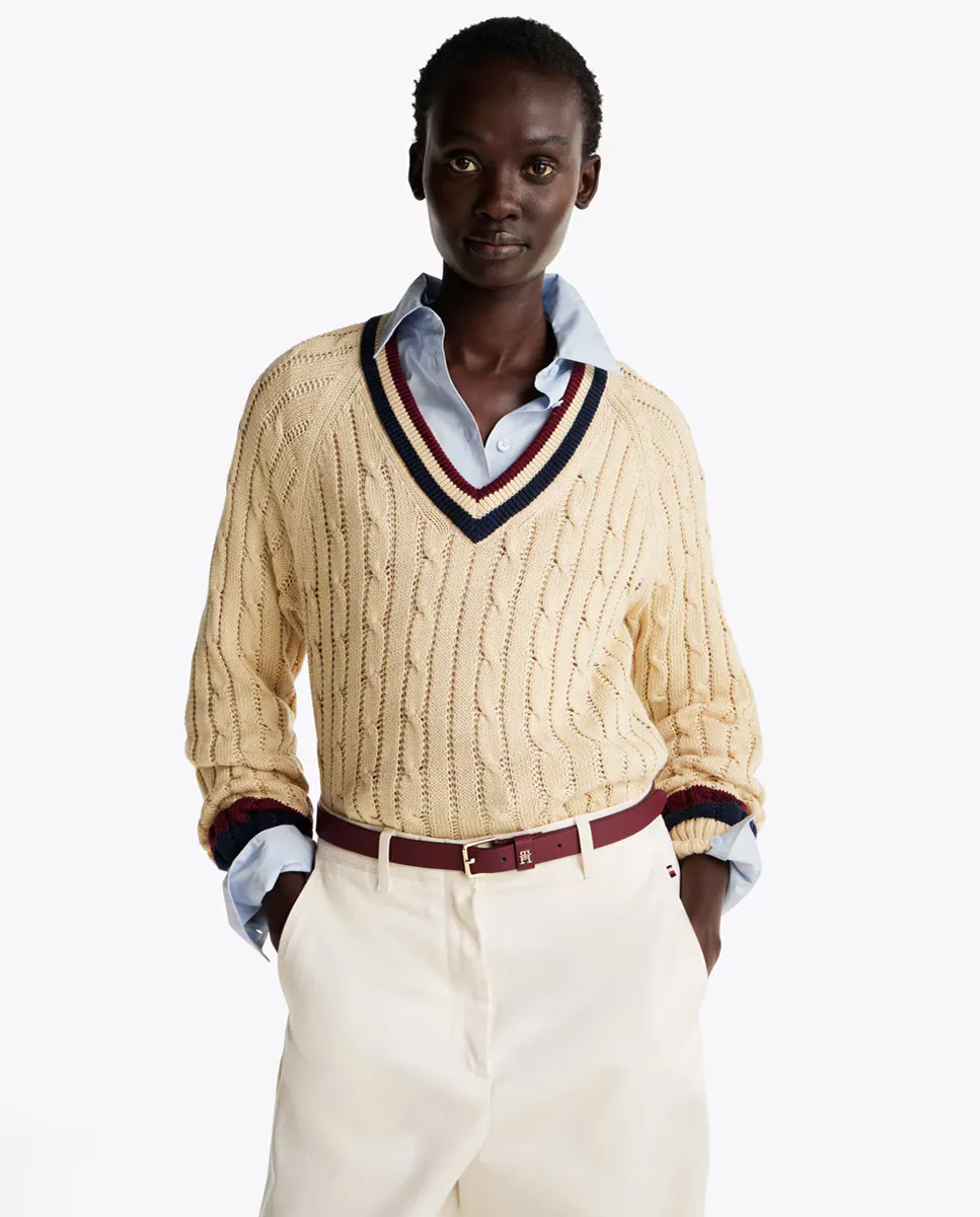

Женский свитер с V-образным вырезом, вязка косами Tommy Hilfiger, бежевый