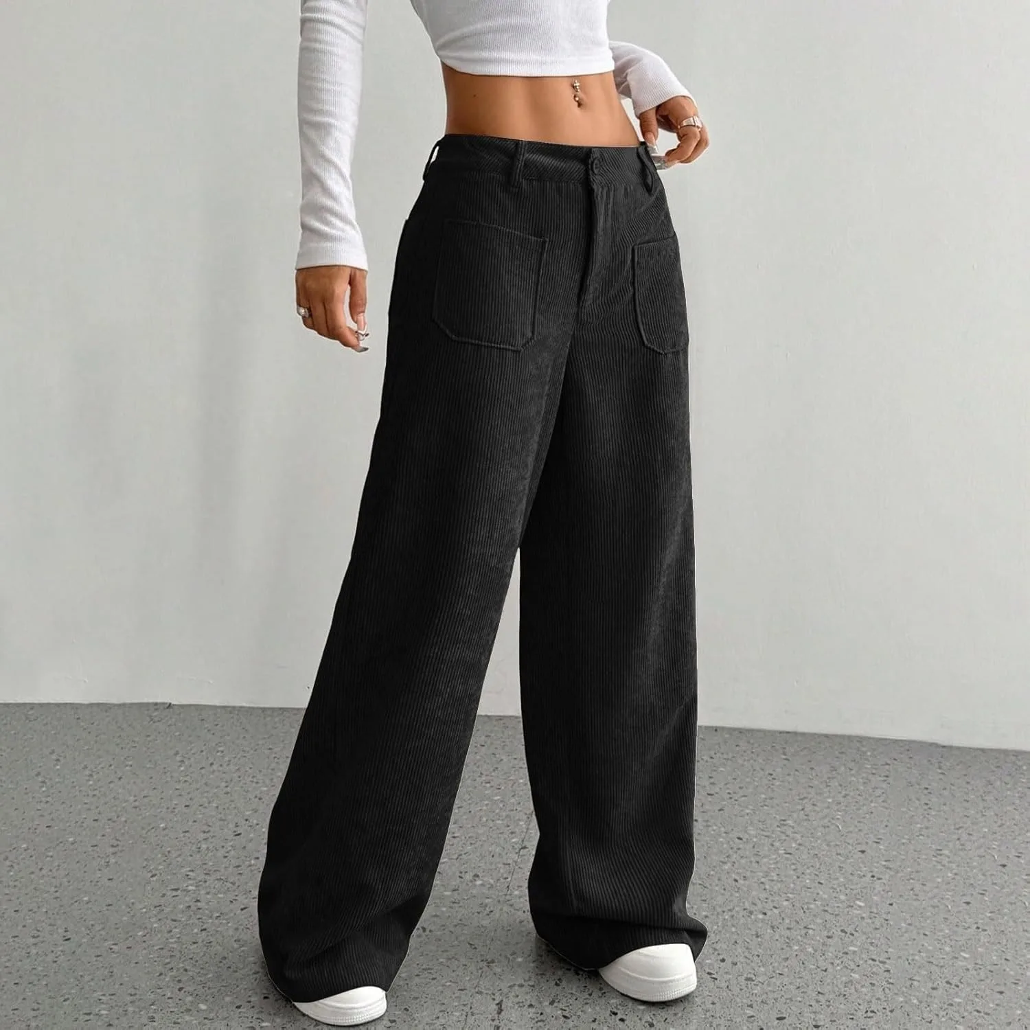 Кордюровые брюки для женщин Wide Leg с высокой талией, мешковатые, удобные джоггеры с карманами, Casual, расслабленный крой Generic, черный — фото 2