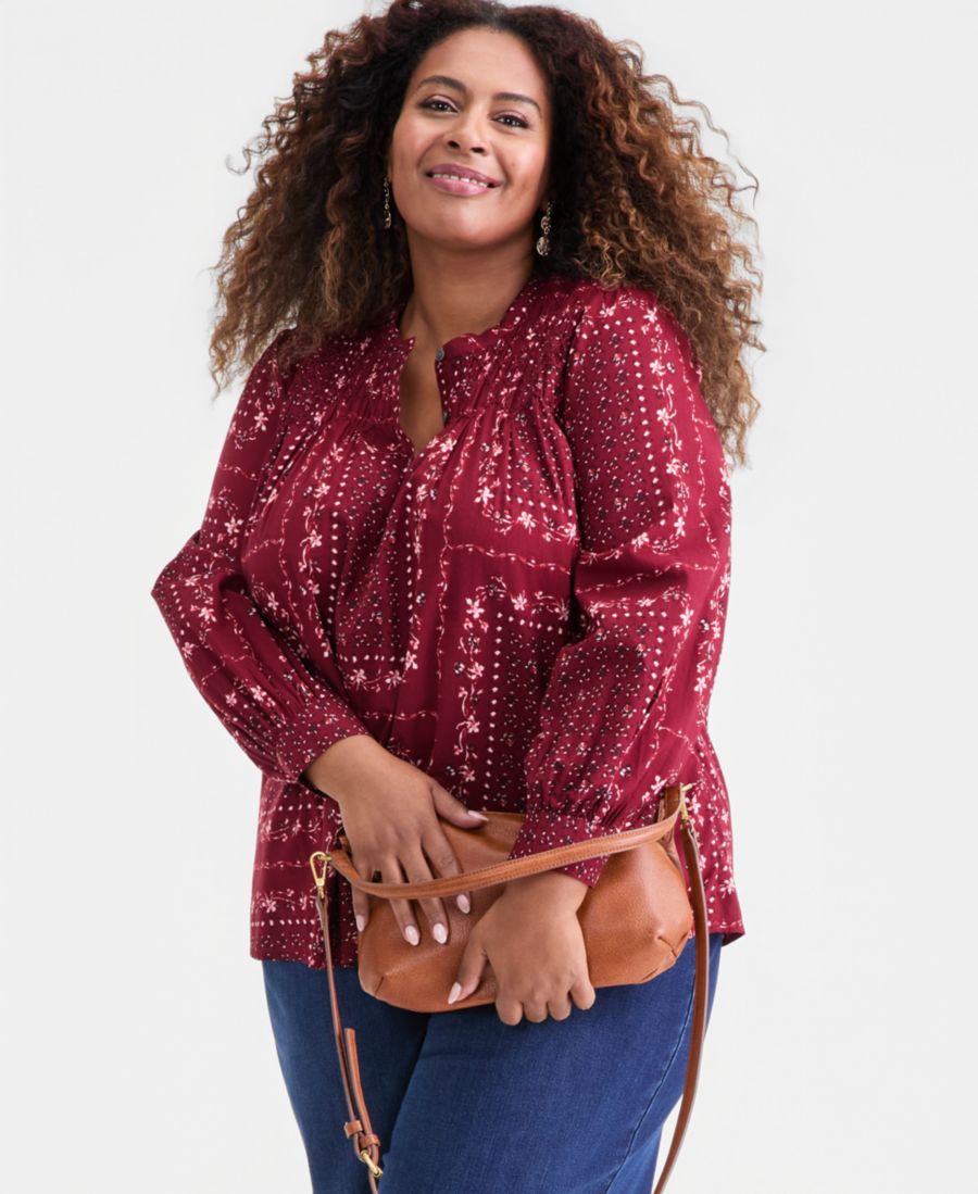 

Женская хлопковая блузка с присборенным принтом Style & Co, Patchwork Print