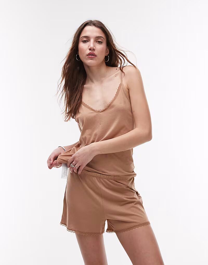 

Короткая пижама из мягкого модала с атласной отделкой бежевого цвета Mango