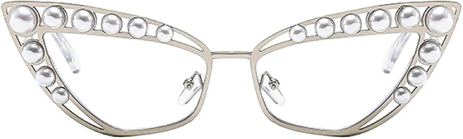 

Роскошные солнцезащитные очки с бриллиантами и жемчугом для женщин, модель «кошачий глаз», винтажные солнцезащитные очки в металлической оправе mincl, Silver Clear