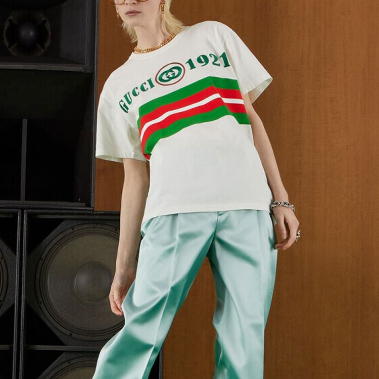 Футболка женская Gucci, оригинальный дизайн, белый / зеленый — фото 2